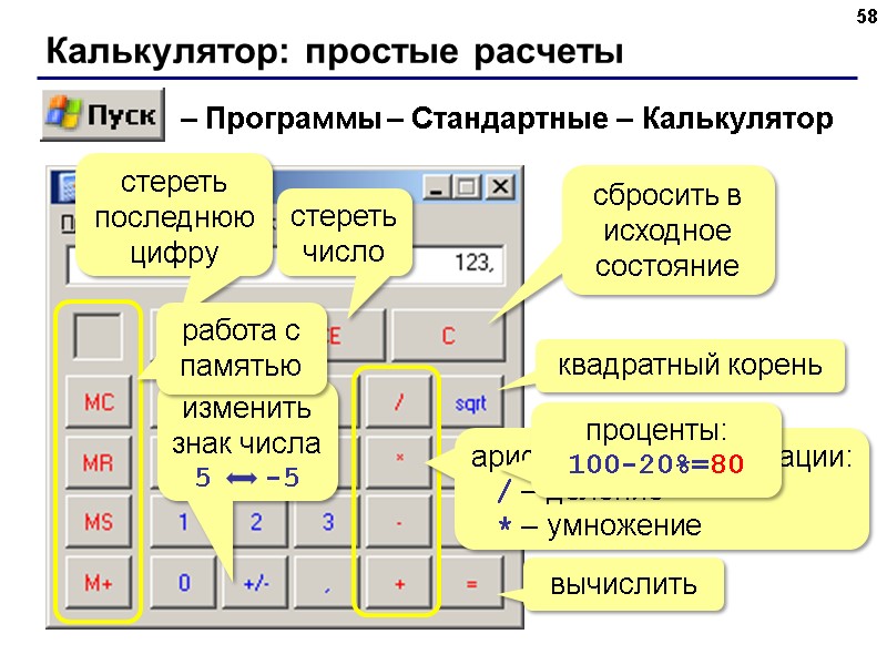 Калькулятор: простые расчеты 58 – Программы – Стандартные – Калькулятор квадратный корень стереть последнюю